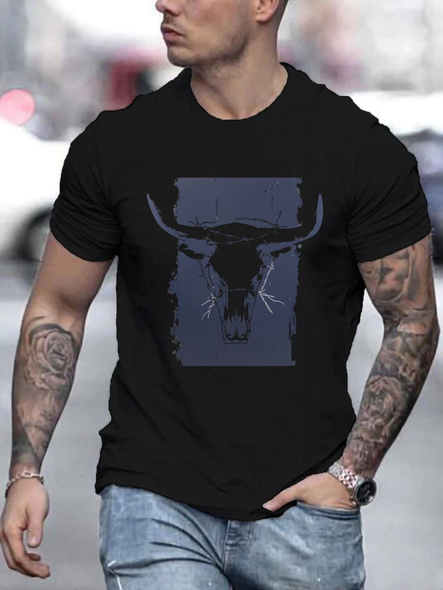 Summer men's 100% pure cotton casual loose plus size Western bull head pattern printed round neck short sleeved T-shirt top