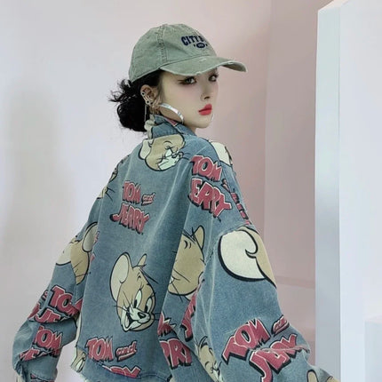 Korean Fashion Cartoon Printed Denim Jacket, Loose Fit Plus Size Short Cardigan Trend, Women's 2025 Autumn New Style