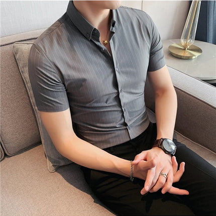 High Quality Pinstripe Casual Shirts  For Men 2024 Summer Slim Fit Business Social Elastic Social Party Shirt Plus Size 4XL-M