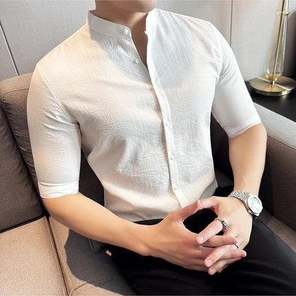 2024 Summer New Chinese Style Linen Shirts Men's Half sleeve Stand-Up Collar Linen Cotton Business Casual Slim Versatile Shirts