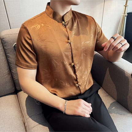 2024 Summer Chinese Style Standing Collar Shirts For Men Fashion Print Short Sleeve Slim Fit Casual Social Party Tuxedo 4XL-M