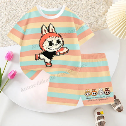 2pcs Labubu T-shirts Shorts Set for Children Pop Mart Fashion Striped Short Sleeved Shorts Suit Boys Girls Summer Clothes Suits
