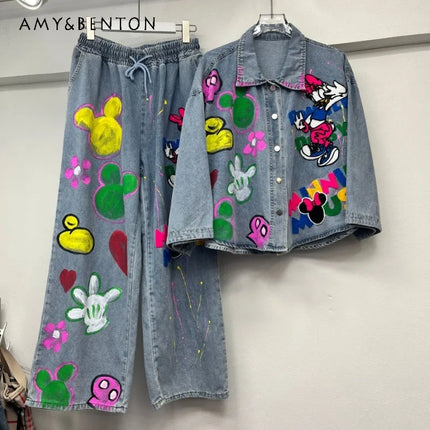 2025 Spring New Women's Beautiful Cartoon Graffiti Coat Heavy Industry Denim Jacket Straight Thin Wide-leg Pants Two-pieces Sets