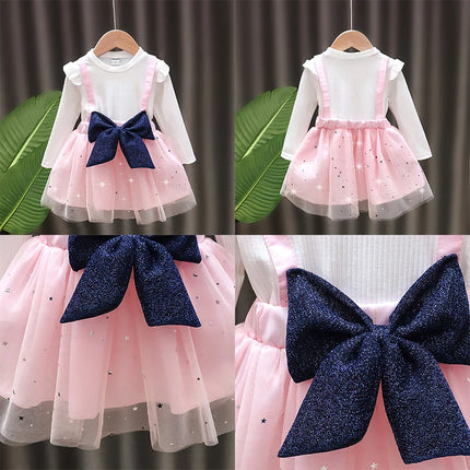 Labubu Cute Mesh Bow Dress for Children Anime Cartoon Kawaii One-piece Dresses Girls Spring New Sweet Fake Two Dress Strap Skirt