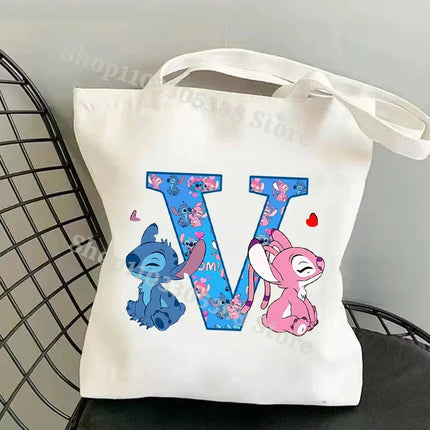 Disney Stitch Fashion Canvas Tote Bag for Women Anime Letter A-Z Printed Shoulder Bag Students Commute Portable Handbags Gifts