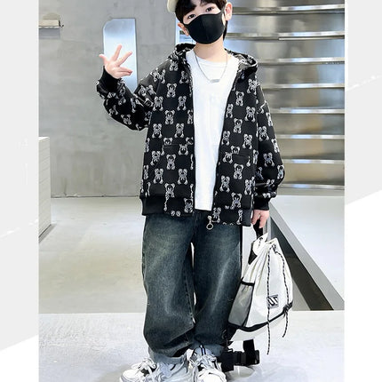 Spring Autumn Boys All-Over Printed Zip Sweatshirt Jackets School Kids Track Hoodie Coat Child Outfit Tops Workout Jumper 3-14Yr