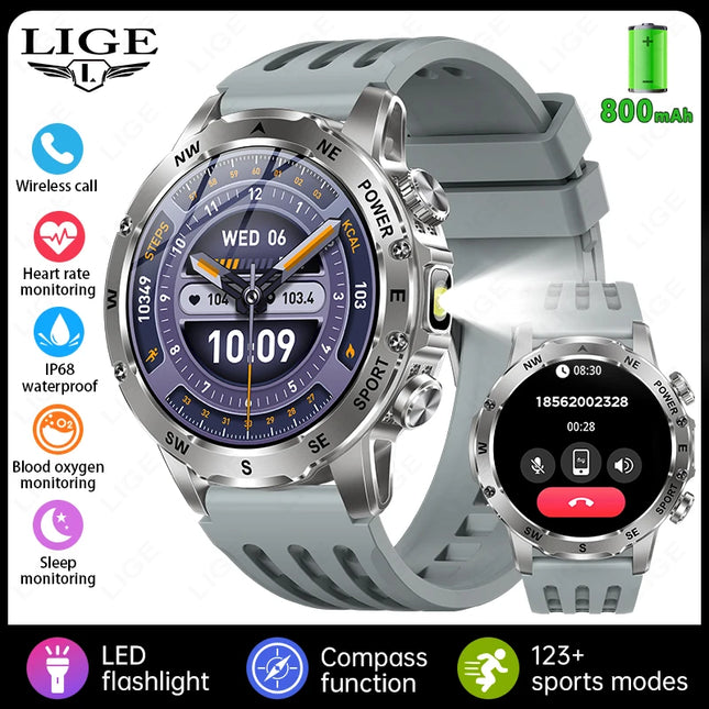 LIGE New 800mAh Super Capacity Battery Men Smart Watch 1.53" HD Bluetooth Call Compass LED Flashlight IP68 Sports Smartwatch Man