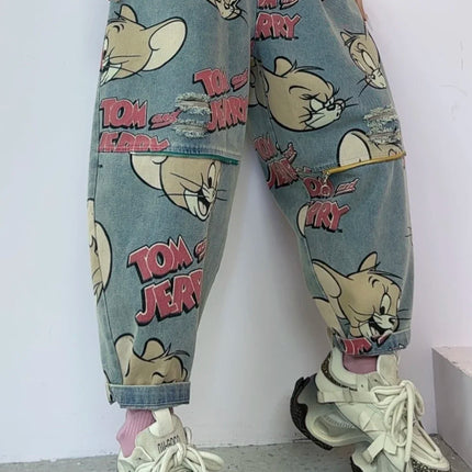 Korean Fashion Cartoon Printed Denim Jacket, Loose Fit Plus Size Short Cardigan Trend, Women's 2025 Autumn New Style