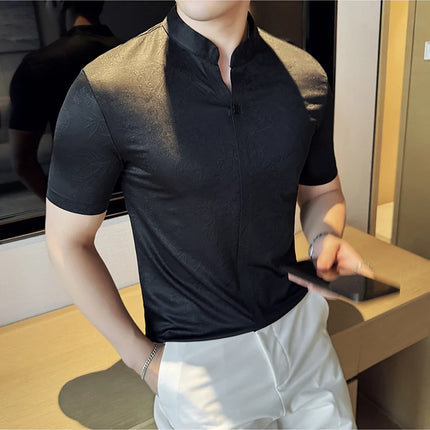 New Chinese Style Stand-up Collar Seamless Polo Shirts Summer Fashion Jacquard Short Sleeve Slim Elasticity Breathable T-shirt