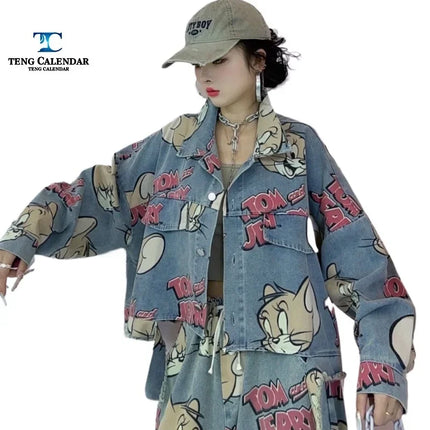 Korean Fashion Cartoon Printed Denim Jacket, Loose Fit Plus Size Short Cardigan Trend, Women's 2025 Autumn New Style