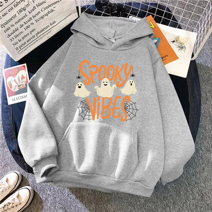 Spooky Vibes Halloween Ghost Hoodie Winter Warm Long Sleeve Hoodies Women Sweatshirt Harajuku Cartoon Sudaderas Unisex Hoody