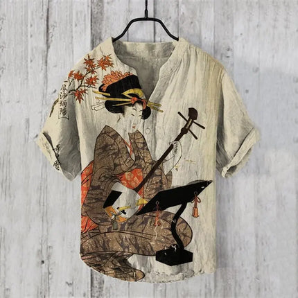 Bamboo Linen Hawaiian Shirt Tropical Style 3D Digital Printing Pine Tree Pattern Men's Short Sleeve Stand Collar Shirt
