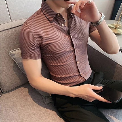 Summer High Quality Striped Ribbon Short Sleeve Shirt Men's Slim Fit Business Formal Wear Blouse Streetwear Plus Size 4XL-M