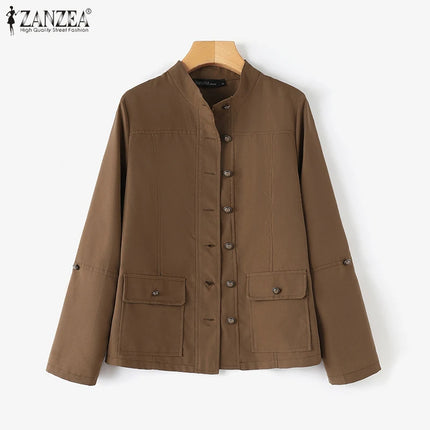Stylish Spring Jackets Women Vintage OL Coats ZANZA Casual Long Sleeve O-Neck Outwear Solid Buttons Down Coat Female Tops 2024