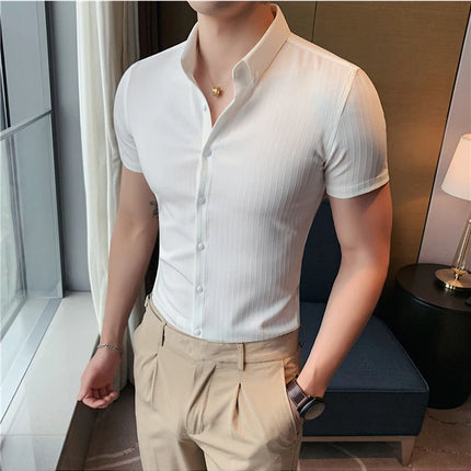 Plus Size 4XL-M Summer Mens Dark Striped Shirts Short Sleeve Fashion 2022 Korean Slim Fit Casual Business Formal Wear Blouse