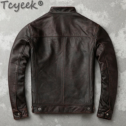 Tcyeek Genuine Leather Jacket for Men Top Layer Cowhide Coats Spring Autumn Vintage Leather Coat Mens Jackets Jaqueta Masculina