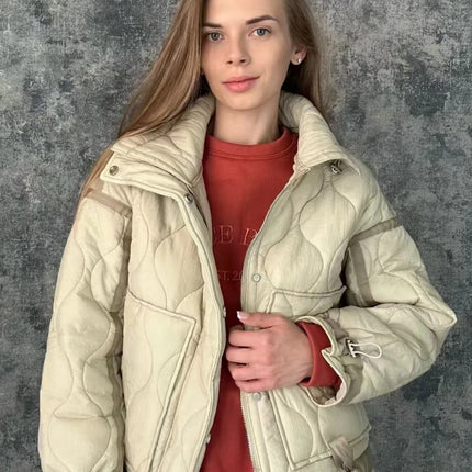 ZBZA Women Quilted Jacket Coat Drawstring High Neck Zipper Hidden Button Clip Cotton Outerwear Fall Winter New Female Chic Coat