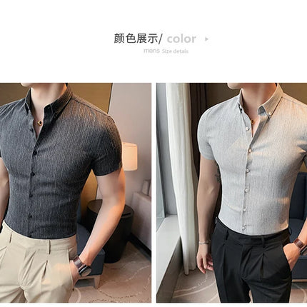 Plus Size 4XL-M Summer Mens Dark Striped Shirts Short Sleeve Fashion 2022 Korean Slim Casual Business Formal Wear Dress Blouse