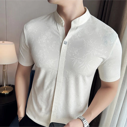 New Chinese Style Stand-up Collar Seamless Polo Shirts Summer Fashion Jacquard Short Sleeve Slim Elasticity Breathable T-shirt