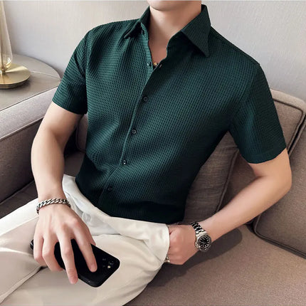 2023 Summer Waffle Short Sleeved Shirt Men Fashion Casual Solid Color Lapel Loose Shirt Male Korean Social Business Dress Blouse