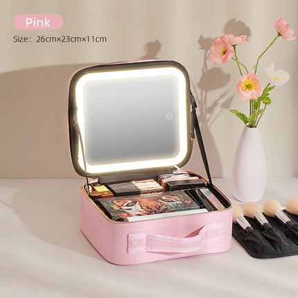 Makeup Travel Train Case with LED Lighted Mirror, 3 Color Adjust Settings, Travel Makeup Bag With Adjustable Dividers,
