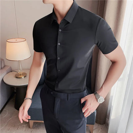 6 Colors Summer Ice Silk No Trace High Elasticity Shirt Men High Quality Short Sleeve Slim Fit Casual Business Dress Shirt 4XL-M