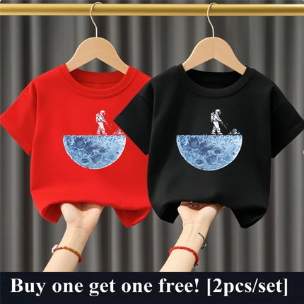 2pcs Boys Cartoon Astronaut  Print T Shirt Set Kids Cotton Short Sleeve Outfit Brother Friend Party Summer Tops 3-14years