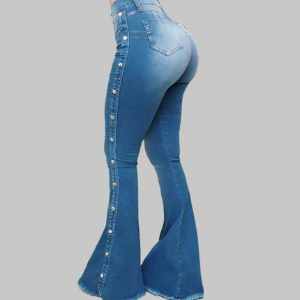 Women Wide Leg Flare Denim Trousers Sexy Jeans Trousers Washed Flare Jeans Breathable Stretchy Rivet Decor Denim Flare Jeans