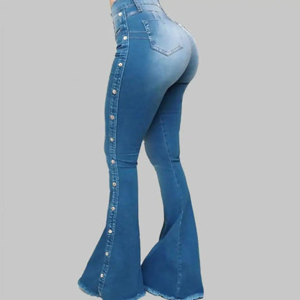 Women Wide Leg Flare Denim Trousers Sexy Jeans Trousers Washed Flare Jeans Breathable Stretchy Rivet Decor Denim Flare Jeans