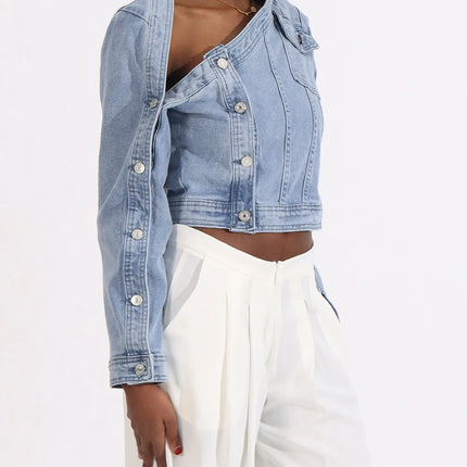VGH Streetwear Spliced Button Chic Denim Jacket for Women Diagonal Collar Long Sleeve Patchwork Pockets Slim Short Coat Female