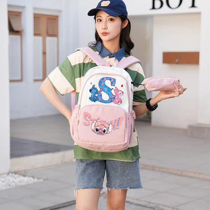 Disney Stitch Backpack with Pencil Bag for Students Anime High-capacity Schoolbag Boys Girls Letter A-Z Printed Backpacks Gifts