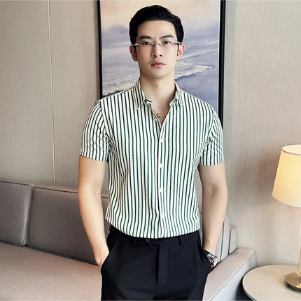 2025 Summer Fashion Vertical Striped Shirts Luxury Men's Short Sleeved Slim Fit Casual Pleated Business Shirt Men Clothing 4XL-M