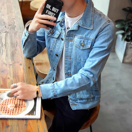 Blue Men's Denim Jacket, Single-breasted Lapel Coat, Fashionable Casual Tops, Black and Light Blue Can Be Selected,M-5XL