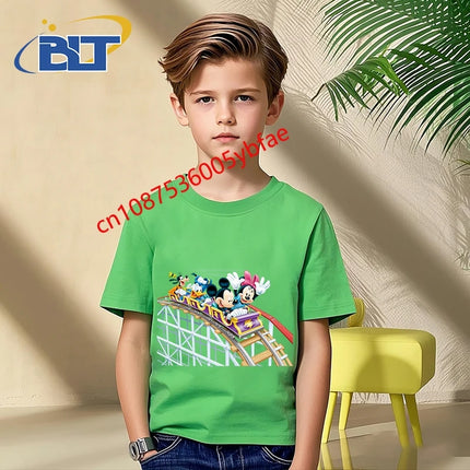 Disney Mickey Mouse and Friends print kids T-shirt pure cotton short-sleeved green top cartoon children's clothing for boys