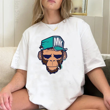 Cotton Tops Smoking Monkey Cartoons Short Sleeve Women Personality Street T-Shirts Loose Oversized Tees Breathable Soft Clothing