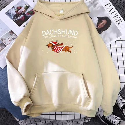 Dachshund Through The Snow Funny Dog Christmas Women Hoody Yule Gift Fashion Loose Pullover Autumn Pocket Sportswear Male Hoodie