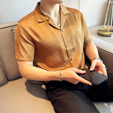 New Chinese Jacquard Shirt Luxury Men Elegant Print Slim Fit Casual Prom Social Shirts High Quality Summer Short Sleeved Tuxedo