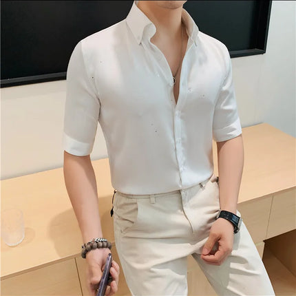 Summer New Powder Shiny Shirts Fashion Men's V-neck Half Sleeve Slim Fit Casual Shirts Social Personality  Top Club Outfits