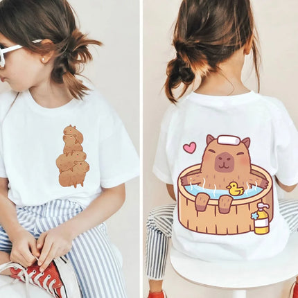 Kawaii Capybara Lovers Kids T-Shirt Short-Sleeved White T-Shirts Cartoon Tees Summer Children Top Crew Neck Children's Clothing