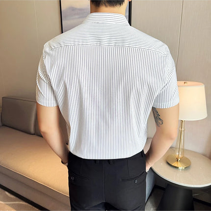 2024 Summer Fashion Vertical Striped Shirts Luxury Men's Hidden Button Short Sleeved Slim Fit Casual Business Shirt Men Clothing