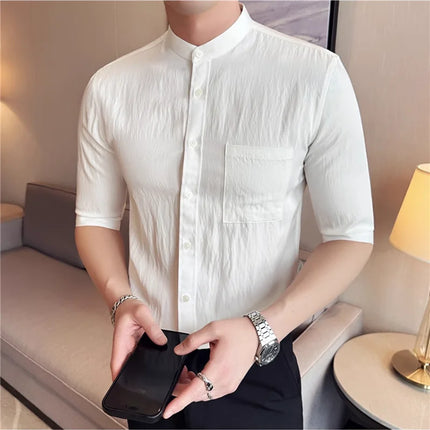 Summer New Chinese Style Stand Up Collar Shirt High Quality Slim Fit Half Sleeved Casual Social Party Shirt Men's Clothing 4XL-M