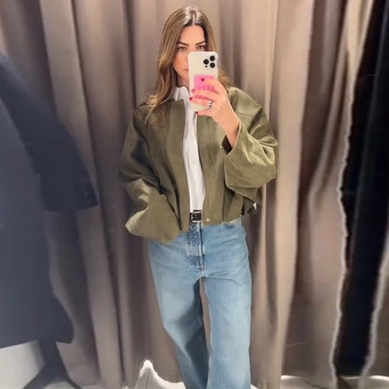Vintage Women's Short Jacket Pockets Zipper Full Sleeve Khaki Green Thick Coats 2025 Spring Autumn Lady Loose Street Outwear