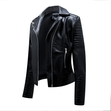 Spring and Autumn short women's leather jacket, Slim lapel biker suit, oblique zipper jacket women's coat