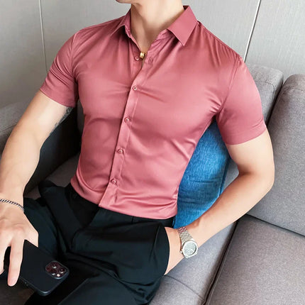 2025 Summer Solid Slim Fit Shirt High Quality Men Business Casual Short Sleeved Social Party Shirts Men Clothing Plus Size 5XL-M