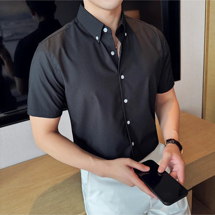 Plus Size 4XL-M High Quality Bamboo Fiber Fabric Dark Stripes Shirts Men Summer Slim Fit Casual Thin Breathable Social Shirt