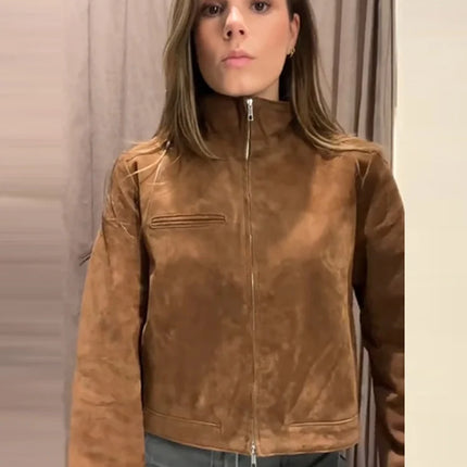 Suede Leather Short Jacket Coat Zipper Stand Collar Vintage Casual Motorcycle Jackets Baggy Front Shoulder Women Outwear Top New