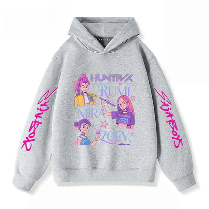 Gray Hoodies Trendy Casual Clothing Long Sleeve For Girls Child K-pop Demon Hunters Clothing Toddler New Printing Hooded Tops