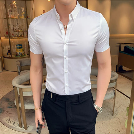 Neckline Embroidery Shirts Men Summer Short Sleeve Slim Fit Casual Shirt Men Solid Color Business Party Dress Shirt Streetwear