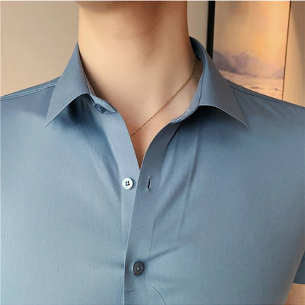 2025 Summer Ice Silk Seamless Shirt High Quality Silky Smooth Short Sleeve Slim Casual Business Tuxedo Shirts Mens Clothing 4XL