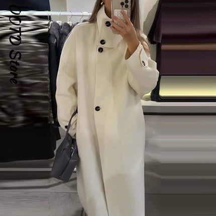 Elegant Stand Collar Overcoat Women Single Breasted Full Sleeve Solid Long Loose Coats 2025 Autumn Winter Chic Warm Lady Outwear